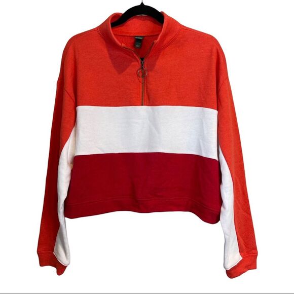 Wild Fable Striped Cropped Zipper Collar Pullover Size Large Red Orange White - Picture 1 of 5